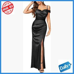 Satin Off-Shoulder Maxi Dress with High Split Ruched Evening Gown